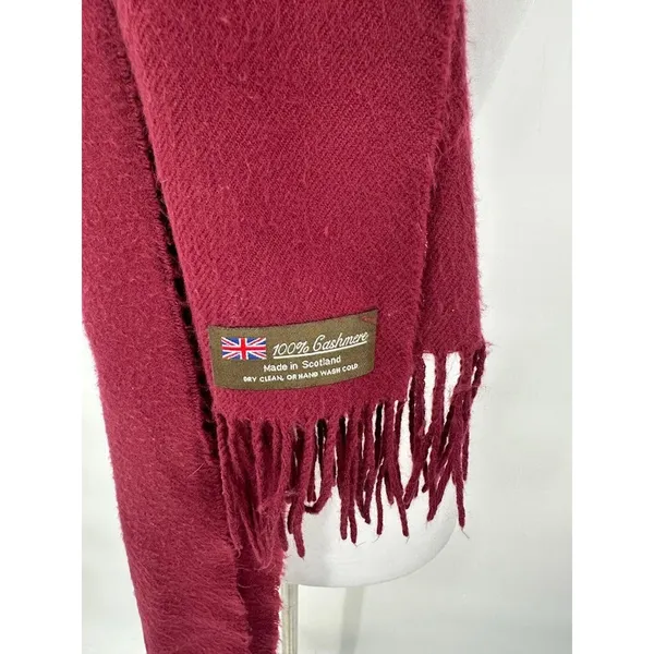 100% Cashmere‎ Scarf Mens Womens One Size Maroon Fringe Made in Scotland FLAWED - Image 3