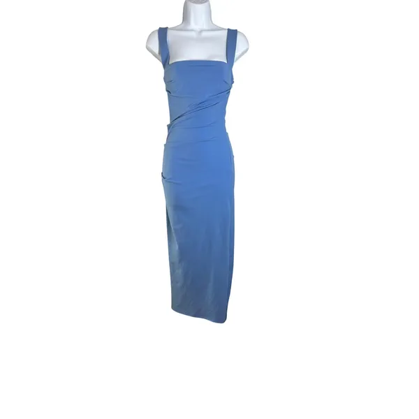 Zara Women Blue Ruched Square Neck Sleeveless Midi Bodycon Dress Size S - Image 3