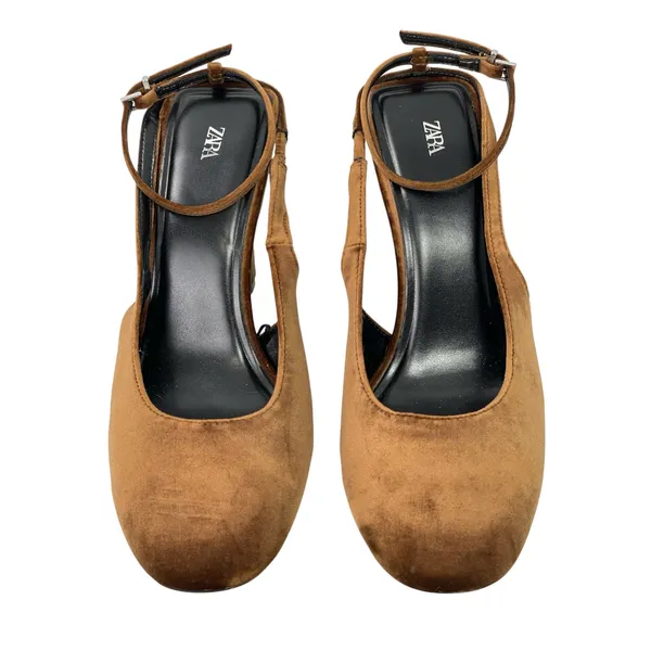 Zara Women's Chocolate Brown Faux Suede Slingback Round Toe Pump Heels Size 10 - Image 2