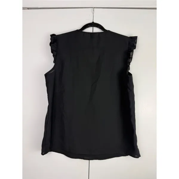 SHEIN Black Ruffle Sleeve V-Neck Blouse Multi Color‎ Crochet Trim Top Large - Image 3