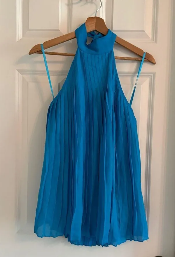 Alice + Olivia Blue Pleated Halter Blouse - Image 4