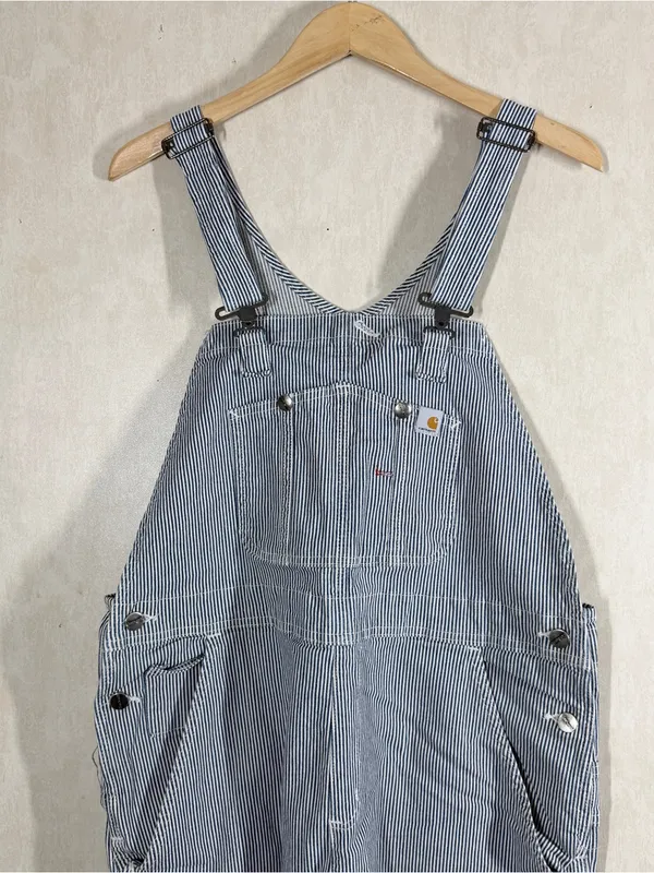 Carhartt Women’s Hickory Stripe Denim Bib Overall Shorts Cotton in Blue White XL - Image 2