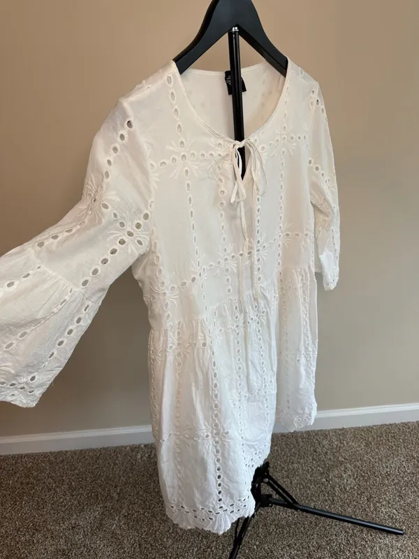 CAL STYLE White‎ Eyelet Embroidered Tiered Mini Dress - Image 3
