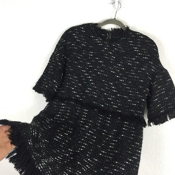 Zara Black Fringe Tweed Textured Knit Wide Sleeve Aline Mini Dress Medium - Image 11