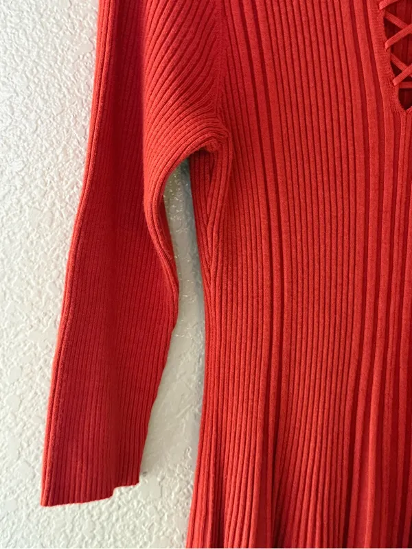 NEW Cato Juniors Large Red Ribbed Lace Up Fit & Flare Stretch Knit Dress - Image 6