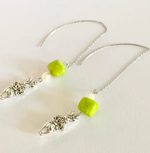 Handmade Irregular natural Jade stone beads&shell pearls American thread earrings💚 - Image 3