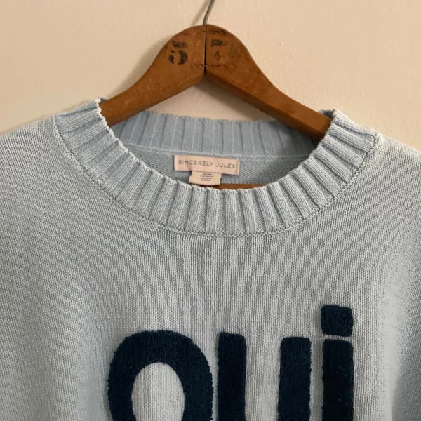 Sincerely Jules OUI Cropped Sweater Size M Baby Blue Pastel Coquette Spell Out - Image 4