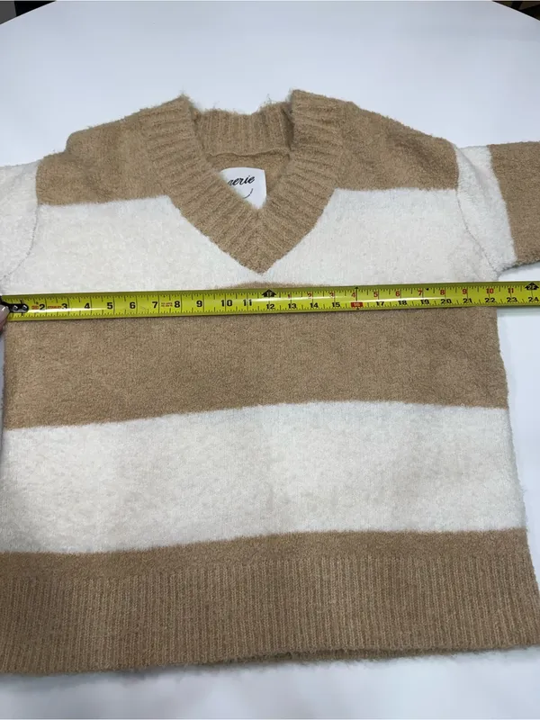 aerie Wide-Striped V-Neck Sweater in Cream and Tan - Image 4