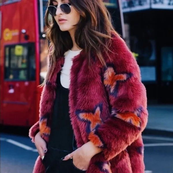Free People RARE HTF Wrap Me Up Star Faux Fur Fun Jacket Coat‎ Blogger Fav Fall - Image 5