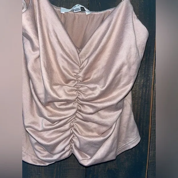 Elegant Cream‎ Satin Ruched Camisole Top with Spaghetti Straps Evening Party D24 - Image 3