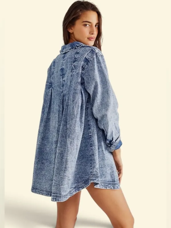 Free People Ruffle Collar Denim Swing Blouse - Lightest Indigo Blue SZ Amall - Image 2