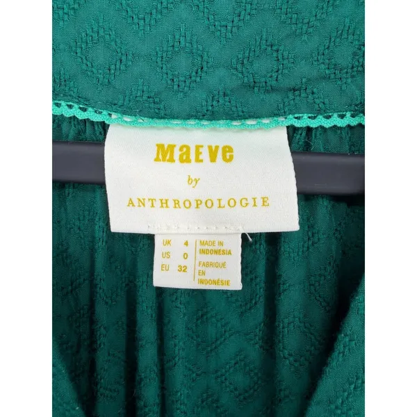 Maeve Anthropologie Emerald Green‎ Jacquard Ruched Puff Sleeve Blouse Size 0 - Image 5