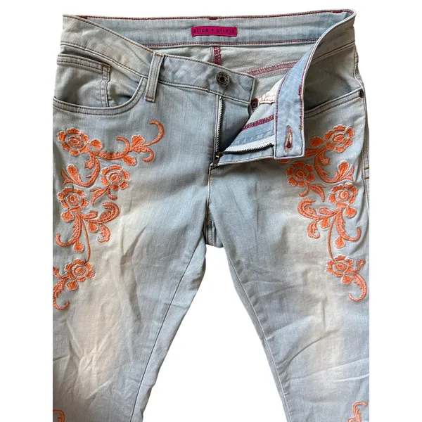 Alice + Olivia Floral Embroidered Skinny Jeans Orange Sorbet Size 30 - Image 4