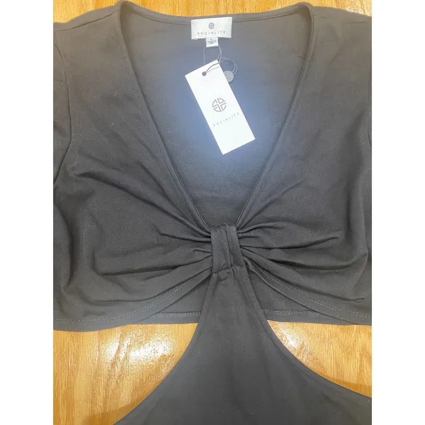 Socialite Dress Womens Large Black Bodycon Cut Out Knot Strech Long Sleeve B35.2 - Image 2