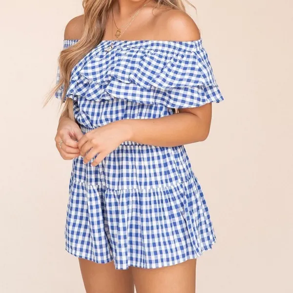 ✨ Catch Up Off Shoulder Gingham Set✨ Blue Size L - Image 7