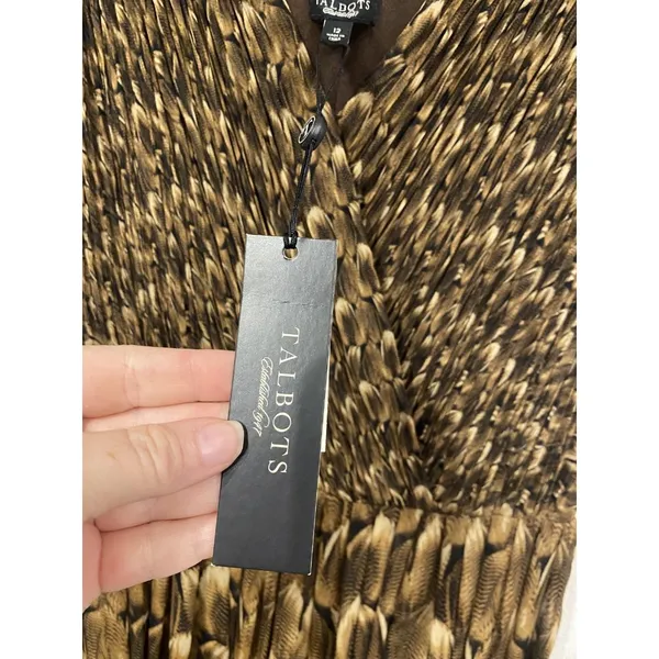 Talbots Dress Womens 12 Brown Feather Print Sleeveless Surplice Pleated A-Line - Image 4