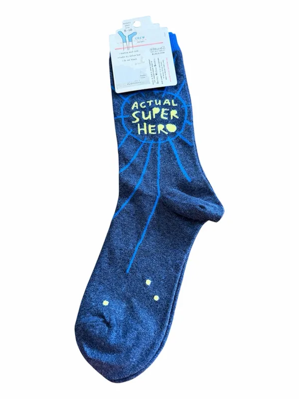 Blue Q Navy Crew Socks with Yellow 'Actual Super Hero' Text - Image 2