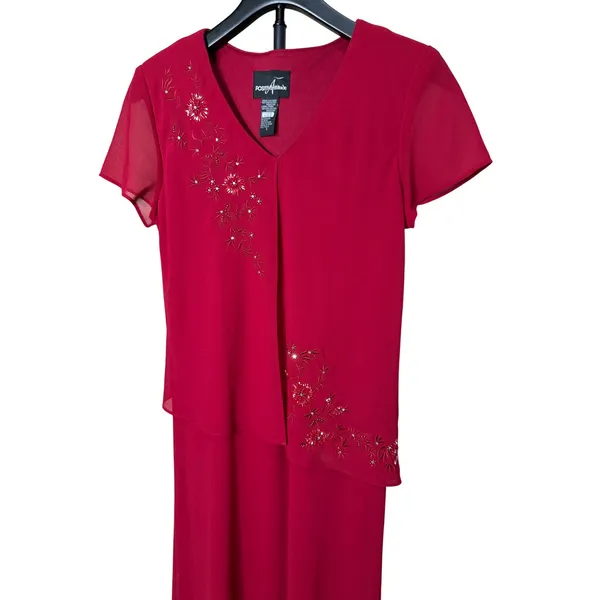 Positive Attitude Red Beaded Floral Embroidered Layered‎ Maxi Dress Size 6 - Image 2