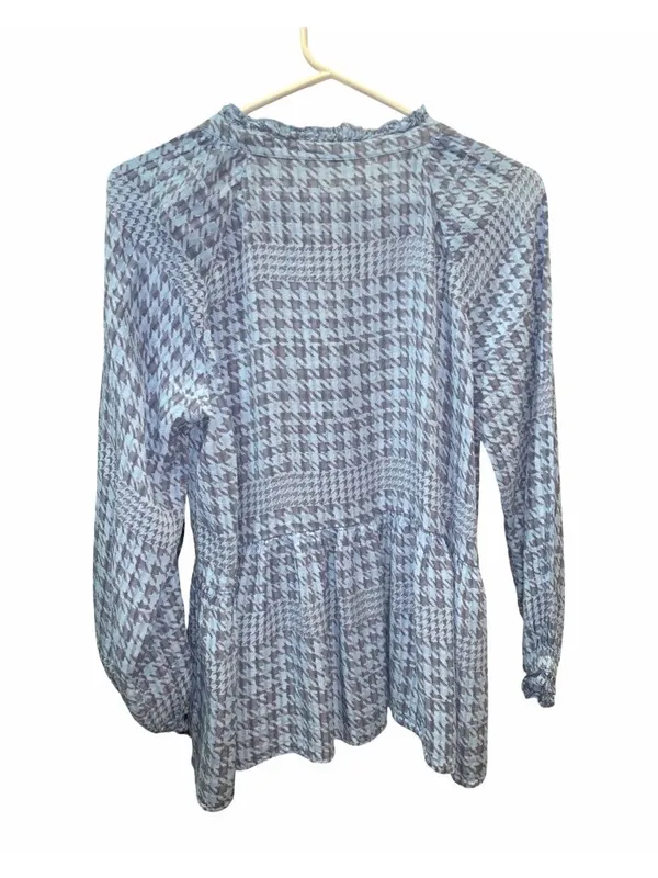 Roller Rabbit Top M Blue Gray Muted Houndstooth Print Tie Detail Long Sleeve - Image 2