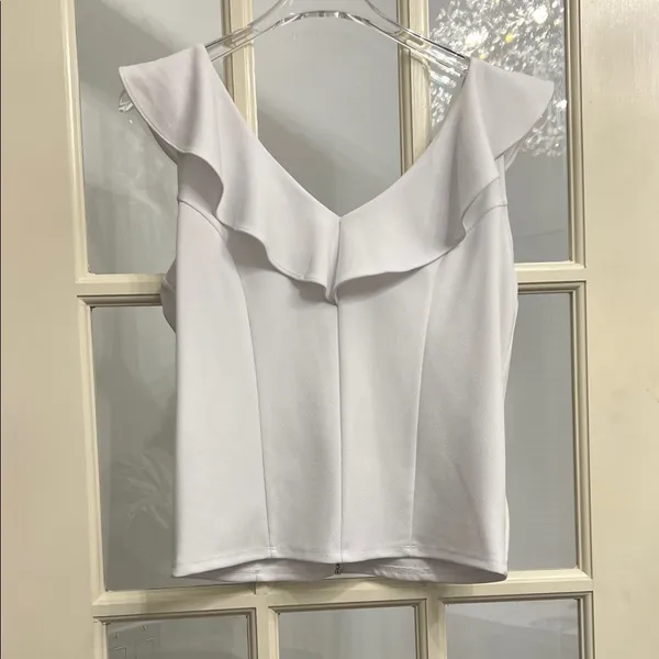 Bar III Bright White Ruffled V-Neck Blouse - Image 2