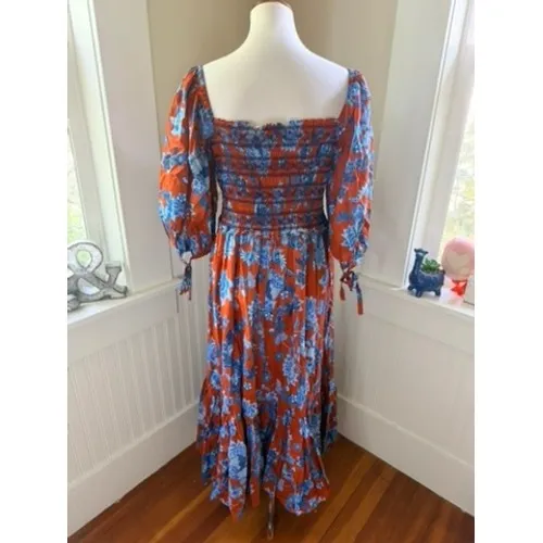 Cara Cara Jazzy Floral Smocked Maxi Dress Puff Sleeve Orange Blue Size Medium - Image 3