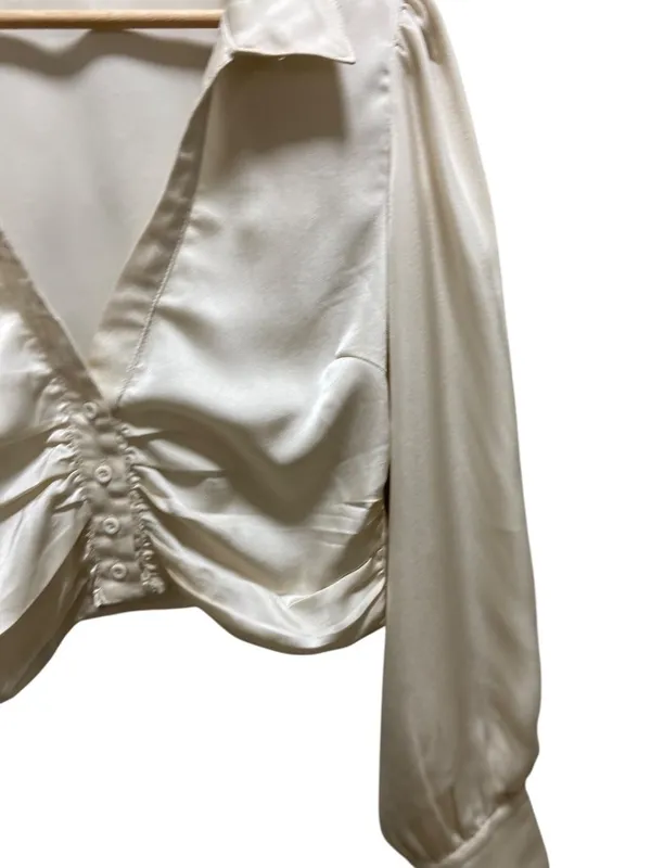 Altar’d State Satin Ruched Cropped Blouse Cream Size M Neutral Coquette Romantic - Image 7