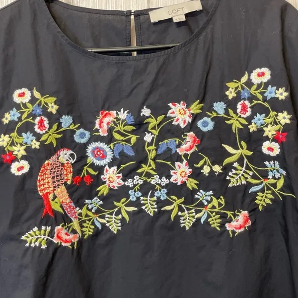 LOFT Black 3/4 Sleeve Top Floral & Parrot Embroidery Boho‎ Chic Size M - Image 2