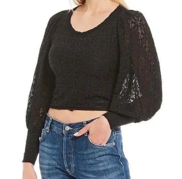 Free People Tea Time Top Black Lace Open Back Long Sleeves Sz S - Image 5