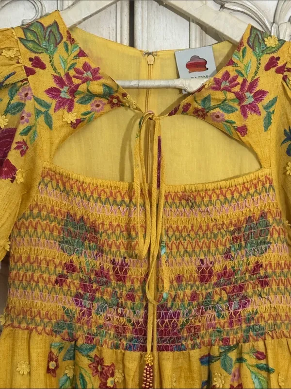 Farm Rio Boho Floral Dream Yellow Smocked Midi Dress - Sz Small - Image 6