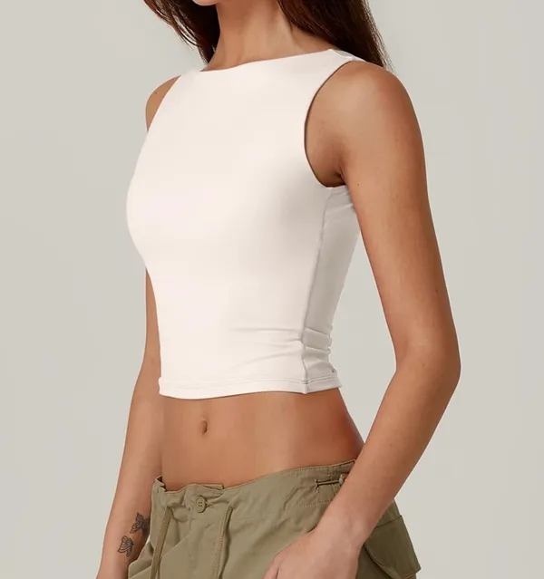 QINSEN Women's Sexy Open Back Sleeveless Crop Tank High Neck Slim Fit Cropped Tee Shirt Y2k Tops Size S . NWT - Image 2