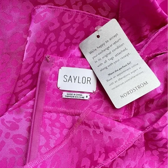 NWT Saylor Leopard Jacquard Satin Midi Dress Size Medium Magenta Pink Faux Wrap - Image 11
