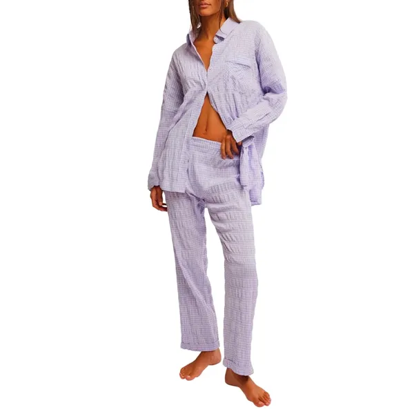Free People Textured Pajama Shirt Mini Dress Loungewear in Lilac Medium - Image 6