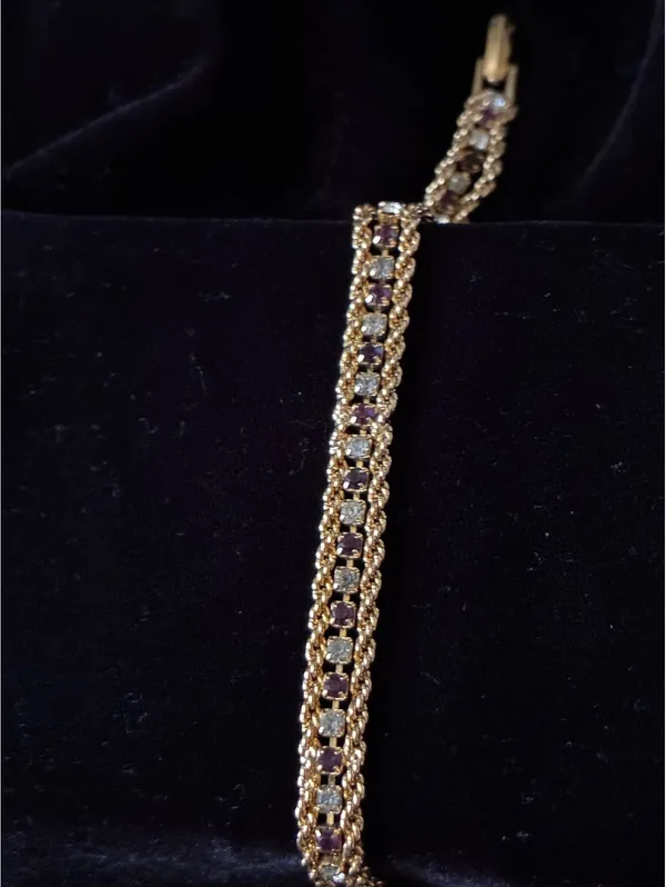 Vintage Mid-Century Gold Tone Purple & Clear Rhinestone Tennis Bracelet 7" - Image 2