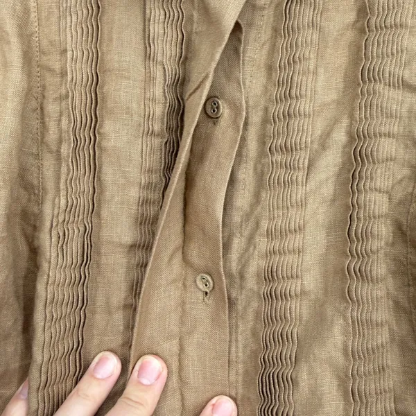 Victorian Prairie‎ 100% Linen Blouse M Brown Pleated Pintuck Button Romantic - Image 3