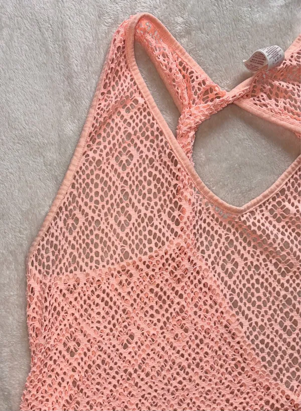 Womens Peach Bathing Suit Cover - Mesh Design Twist Keyhole Swim Cover Up - Image 5