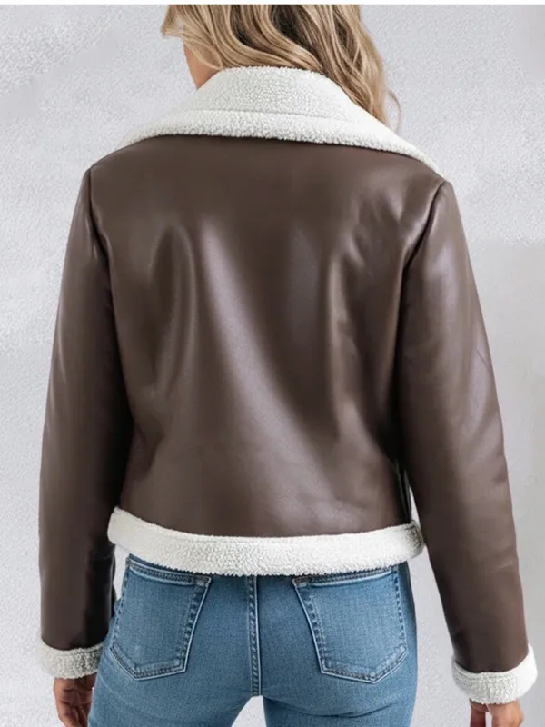 CHICME Women’s Faux-Shearling Biker Jacket in Coffee - Image 2