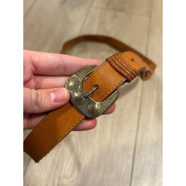 Vintage Tan Genuine Leather Belt Brass Distressed Buckle Made in Italy 40/42 - Image 2