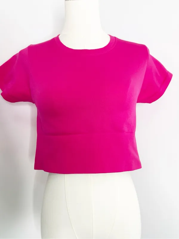 Aerie OFFLINE Seamless Crop Top Hot Pink Short Sleeve Size M NWOT - Image 5