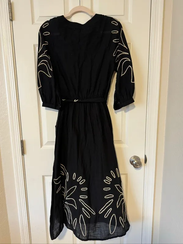 NWT CIEBON Eliza Embroidered A-Line Midi Dress Black Boho Cotton XS - Image 7