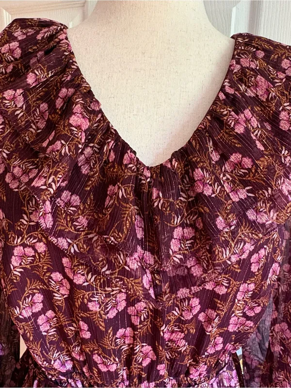 LOFT Women’s Floral Metallic Ruffle Above Knee Dress Purple Medium - Image 3