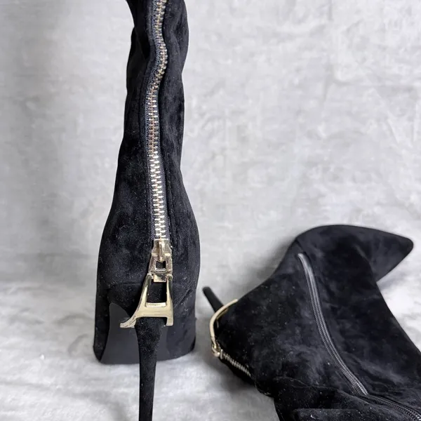Ariz Suede Knee High Boots Glam Stiletto Pointed Toe Black Women Size 10 - Image 4