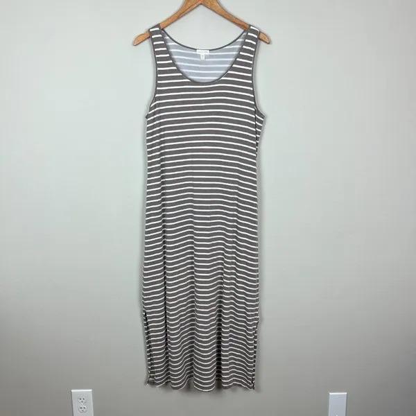 Garnet Hill Midi Dress Womens Large Taupe White Stripe‎ Slits Sleeveless Tank L - Image 14