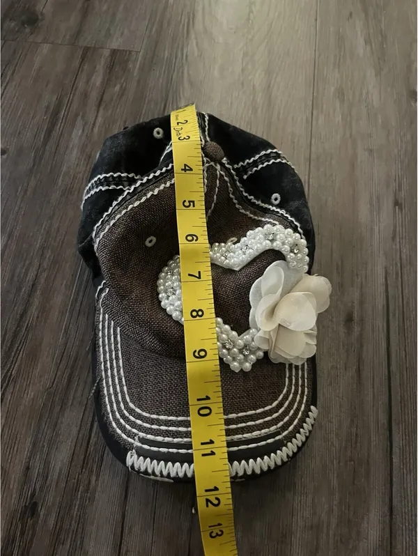 Olive & Pique Beaded Floral Heart Cap Brown Denim Y2K - Image 8