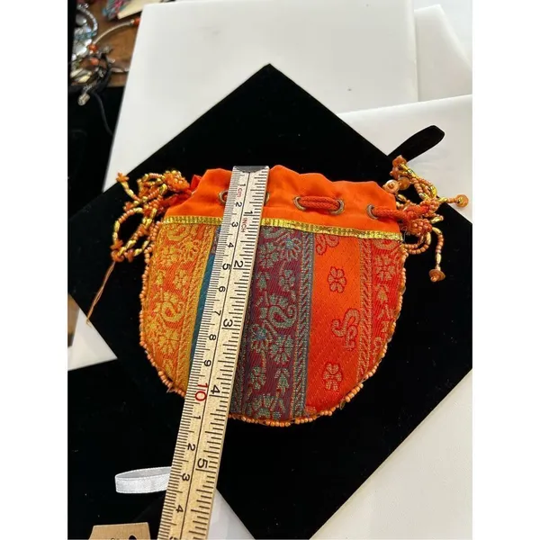 Orange beaded Indian drawstring jewelry/cosmetic pouch - beaded one side - desig - Image 10