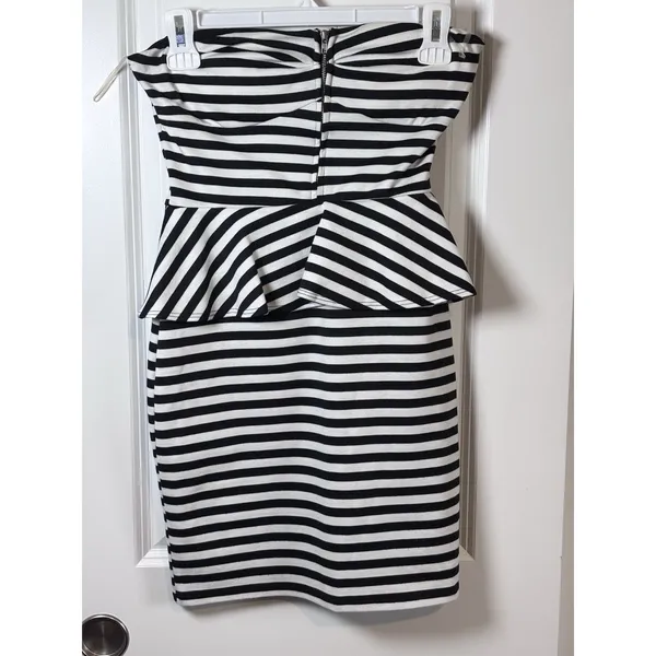 Pitaya Women Strapless Peplum Dress Retro Black & White Stripe size M - Image 2