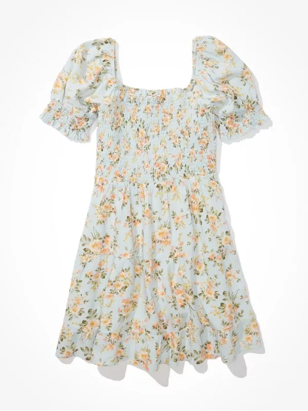 American Eagle Floral Smocked Mini Dress Blue Linen Blend Boho Cottagecore M - Image 6