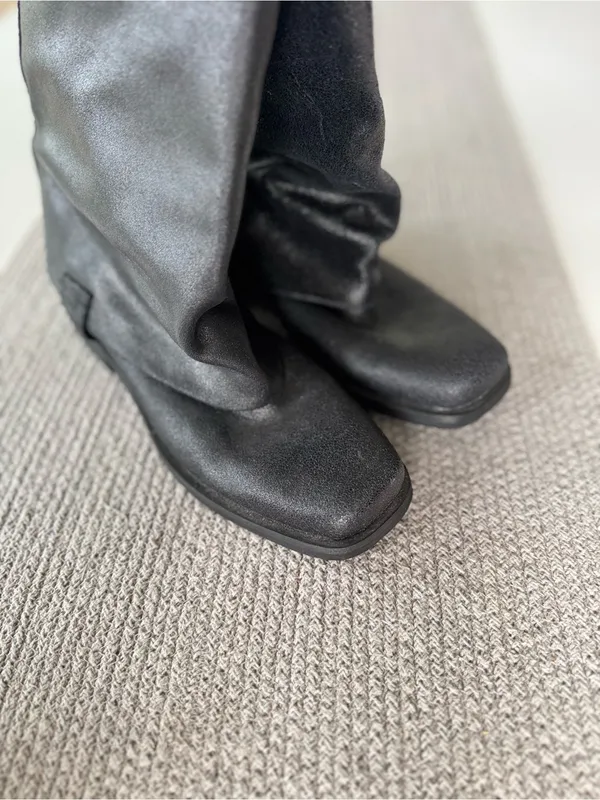 ENVY Fun Police Black Leather Foldover Mid Calf Moto Biker Boots Silver Studs - Image 6