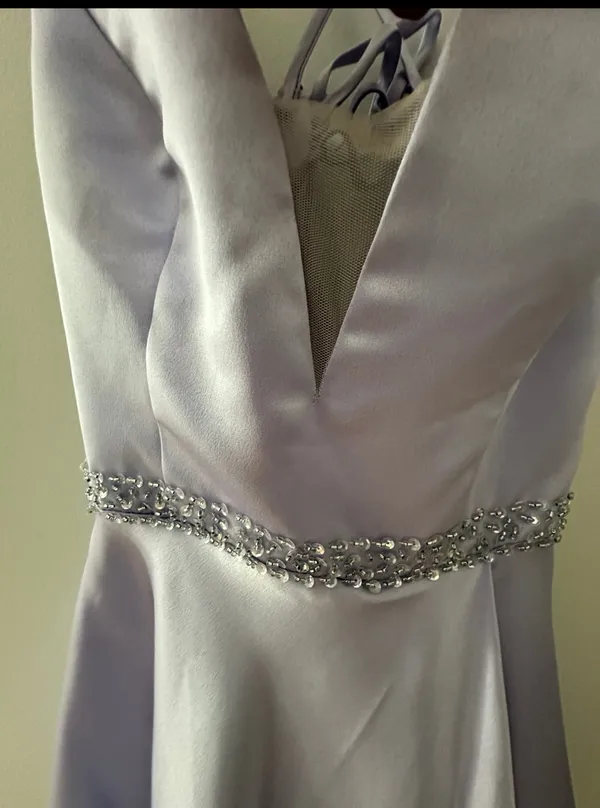JJ's House Purple Satin A Line Open Corset Back Prom Dress - Image 6