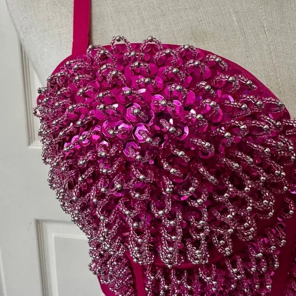 Hot Pink Sequin Beaded Bustier Crop Top Medium 38C Pink - Image 2