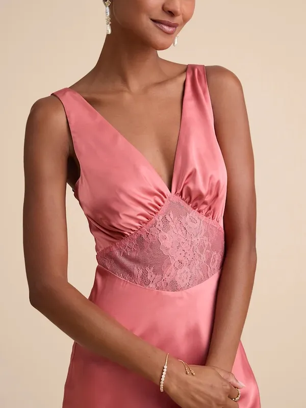 Lulu's Satin Maxi Dress in Rose Pink with Lace Waist - Image 3